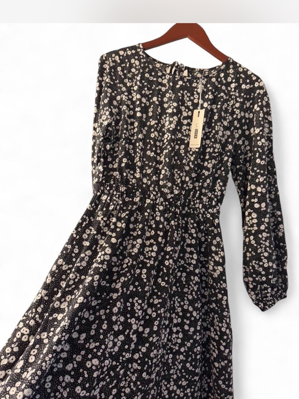 Black Floral Long-Sleeve Midi Dress - Unbranded
